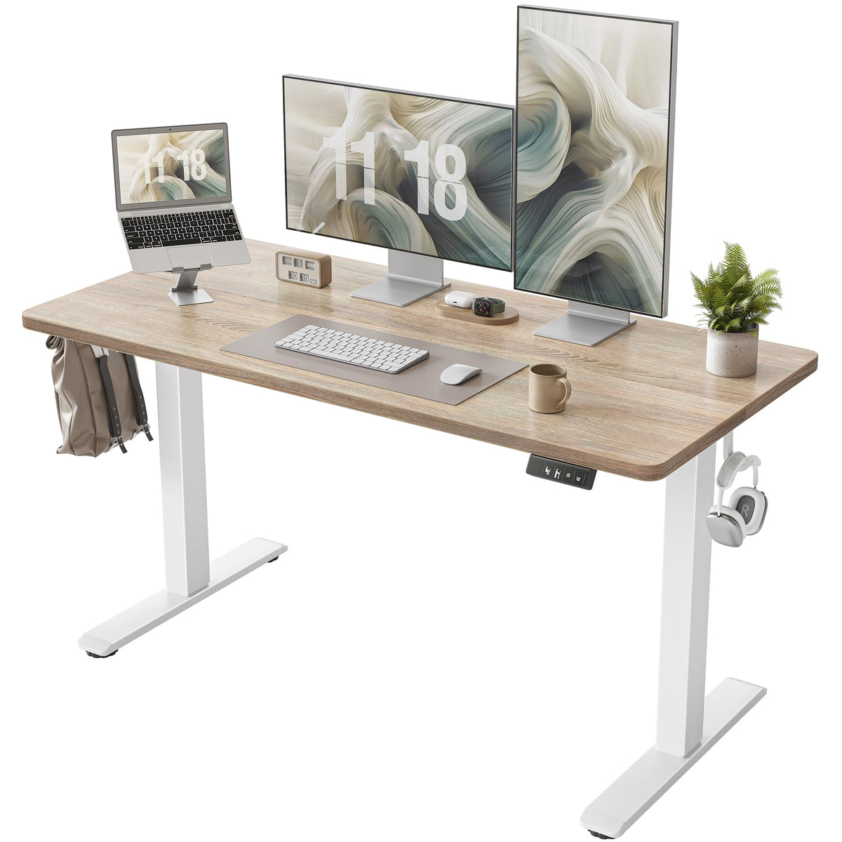 MOVE TIQLAB Electric Standing Desk 55x24" – Height Adjustable, White Frame & Maple Top