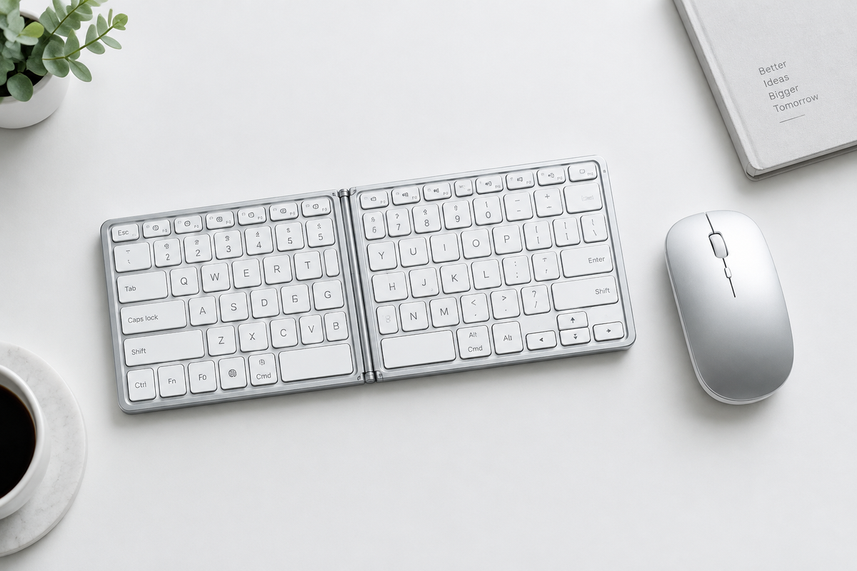 Wireless mouse and foldable keyboard bundle flat lay on minimal desk surface